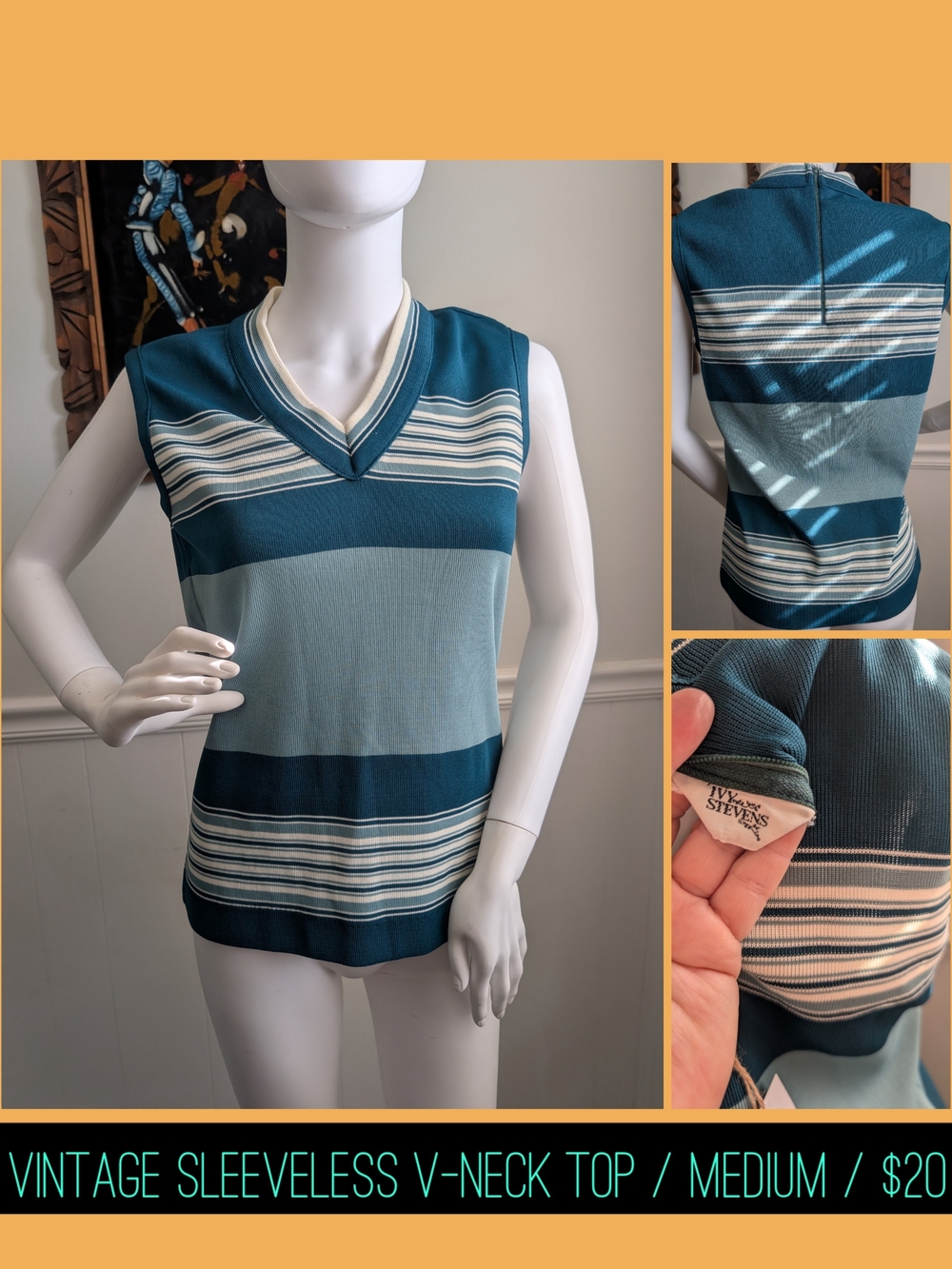 Vintage Teal Striped Sleeveless V-Neck Tank